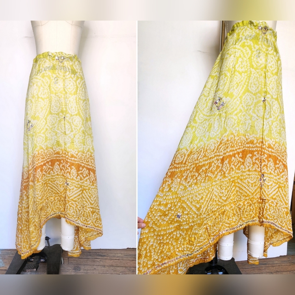 Vintage Silk Ombre Skirt Colorful Indian Ombre Silk Maxi Skirt W/Sequins Sheer